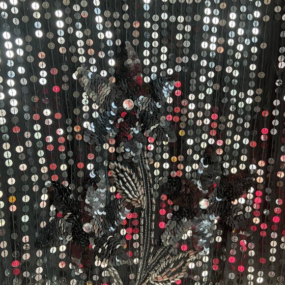 VTG Sequins Queen Medium Silk Beaded Top Black Silver Sequin Floral Embellished* - Picture 3 of 13
